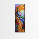 Sunset Beach, Garden, Path, Canvas Print, Autumn coastal art, bold floral landscape painting, entryway wall decor, seaside home accent