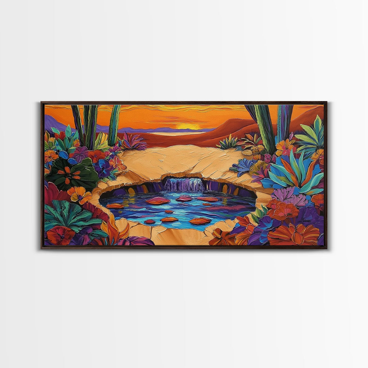Sunset Cactus, Oasis, Vibrant Desert Canvas Print, Boho Living Room Wall Art, Colorful Sunset Painting, Southwest Style Artwork