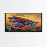Wings Sunset, Nature, Abstract Boho Wall Art Framed Canvas Print, Colorful Dragonfly Wing Design, Living Room Focal Piece