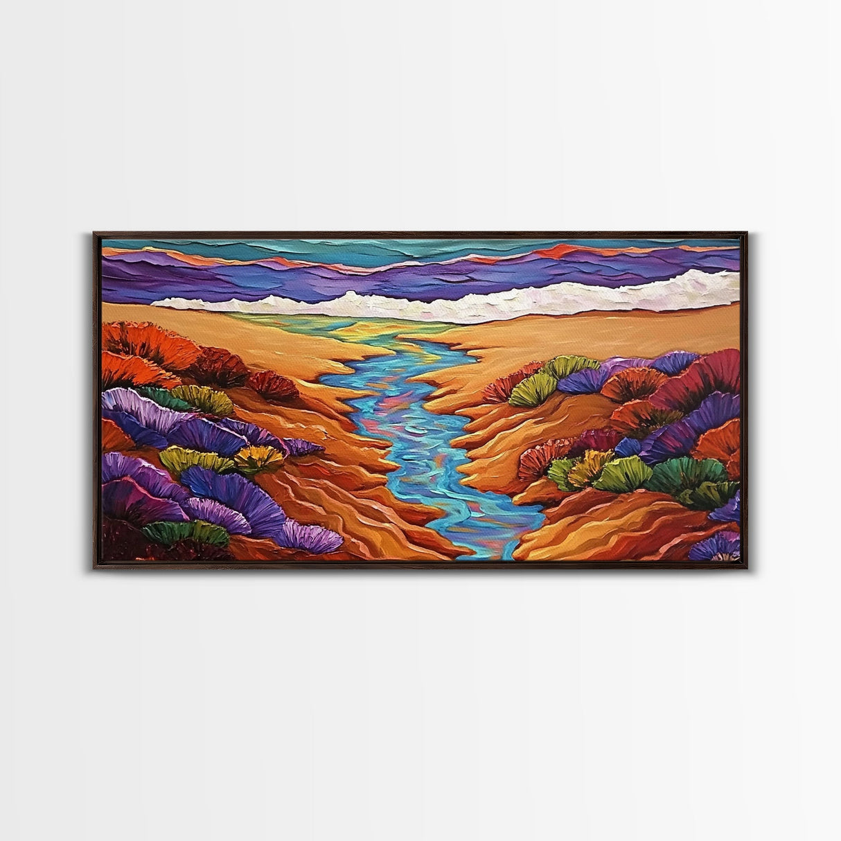 Stream Desert, Flowers, Vibrant Nature Canvas Print, Southwest Landscape Wall Decor, Autumn Living Room Boho Art Style