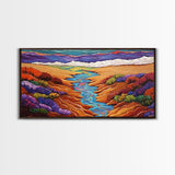 Stream Desert, Flowers, Vibrant Nature Canvas Print, Southwest Landscape Wall Decor, Autumn Living Room Boho Art Style