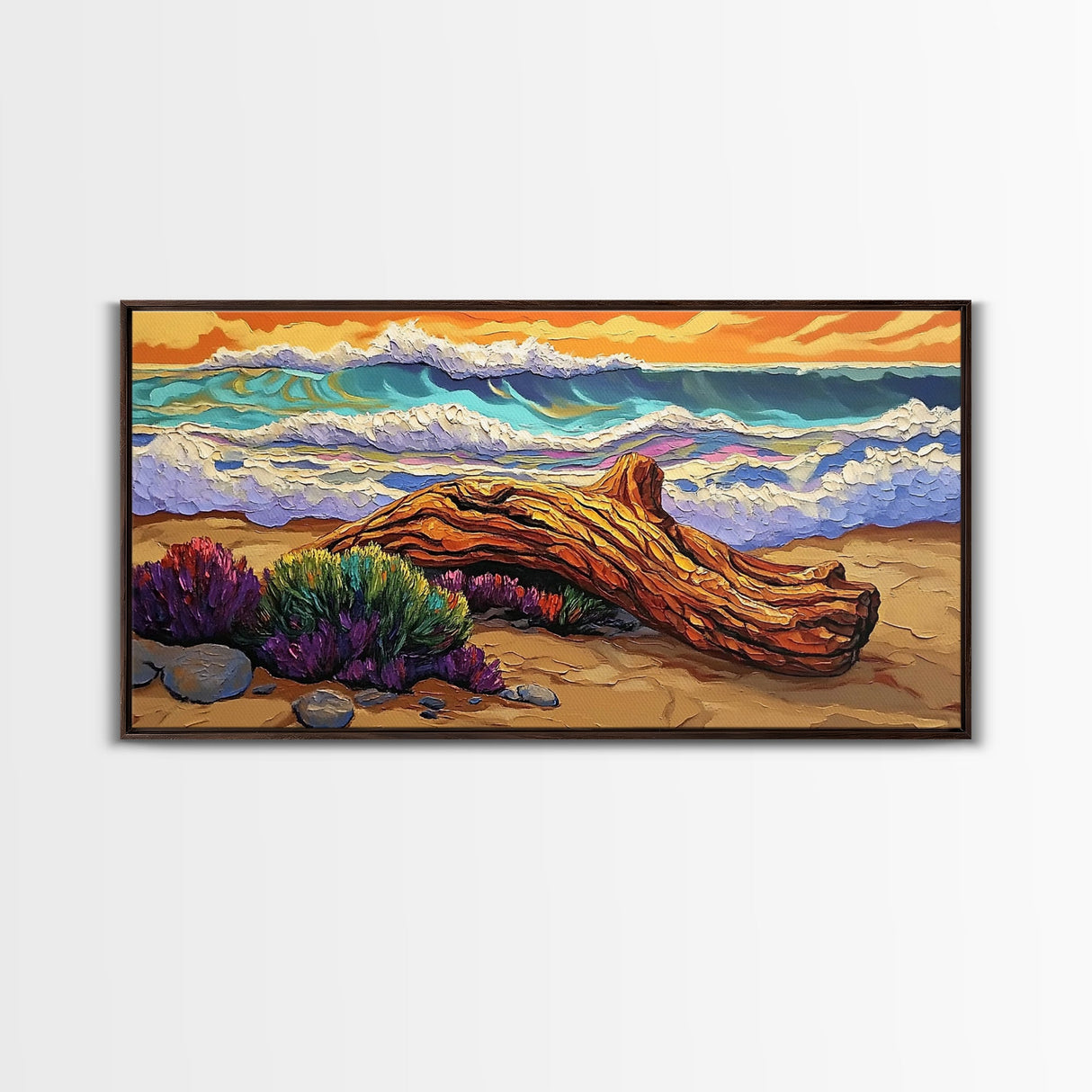 Coastal Driftwood, Waves, Sunset, Framed Canvas Print, ocean beach decor, colorful seascape, tropical wall art, living room wall art