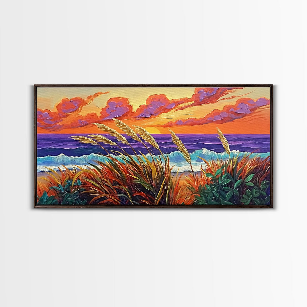 Ocean Sunset, Dunes, Seagrass, Canvas Print beach landscape wall decor, coastal art, vibrant sunset painting, tropical boho home decor