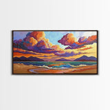 Colorful Sunset, Clouds, Mountains, Framed Canvas Print vibrant beach wall decor, sky and sea painting, boho art, coastal living room