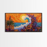 Ocean Wave, Sunset, Lighthouse, Framed Canvas Print vibrant coastal art, whimsical seascape painting, tropical decor, beach wall art