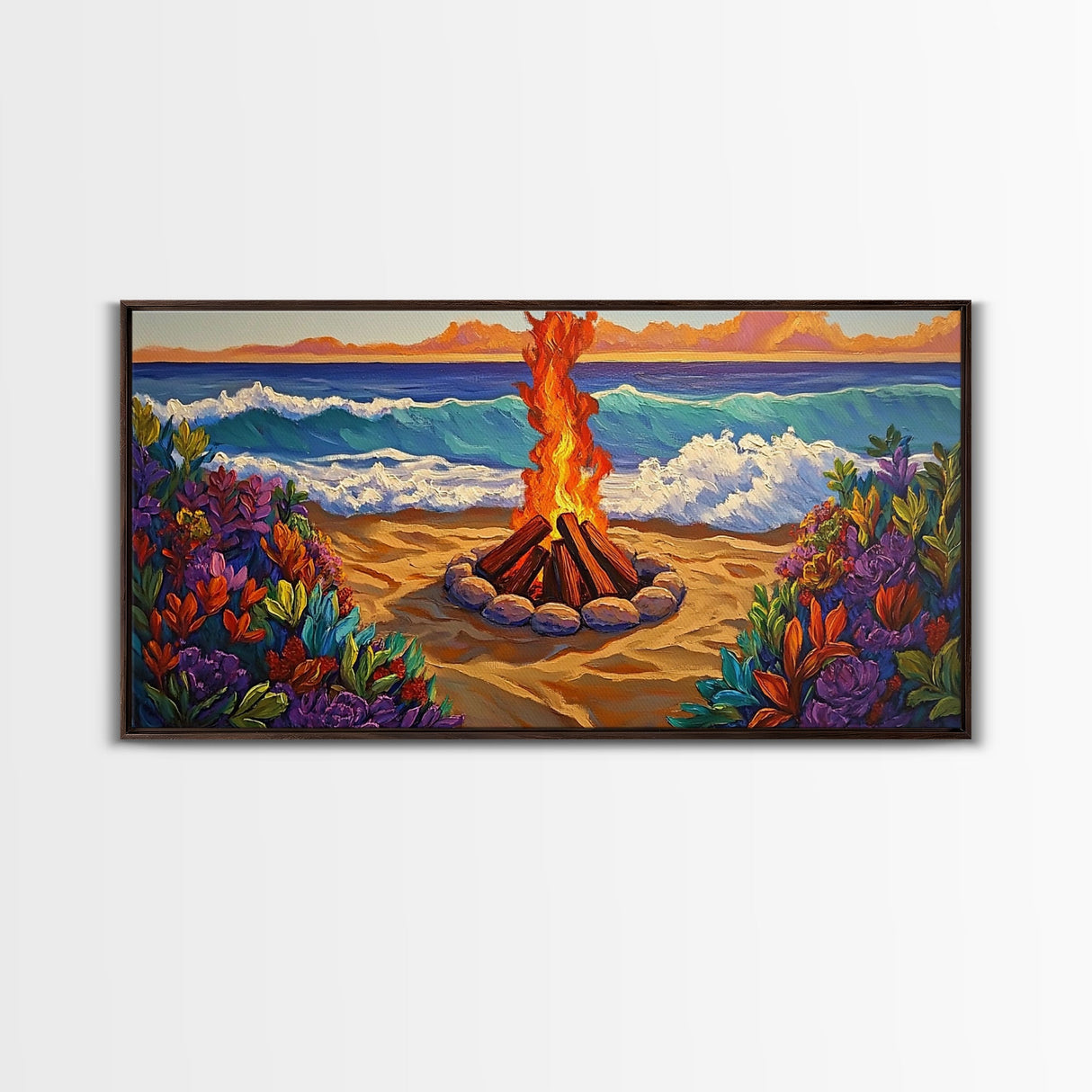 Fire Beach, Ocean, Framed Canvas Print, Sunset Beach Bonfire Painting, Vibrant Coastal Campfire Wall Art, Boho Living Room Decor