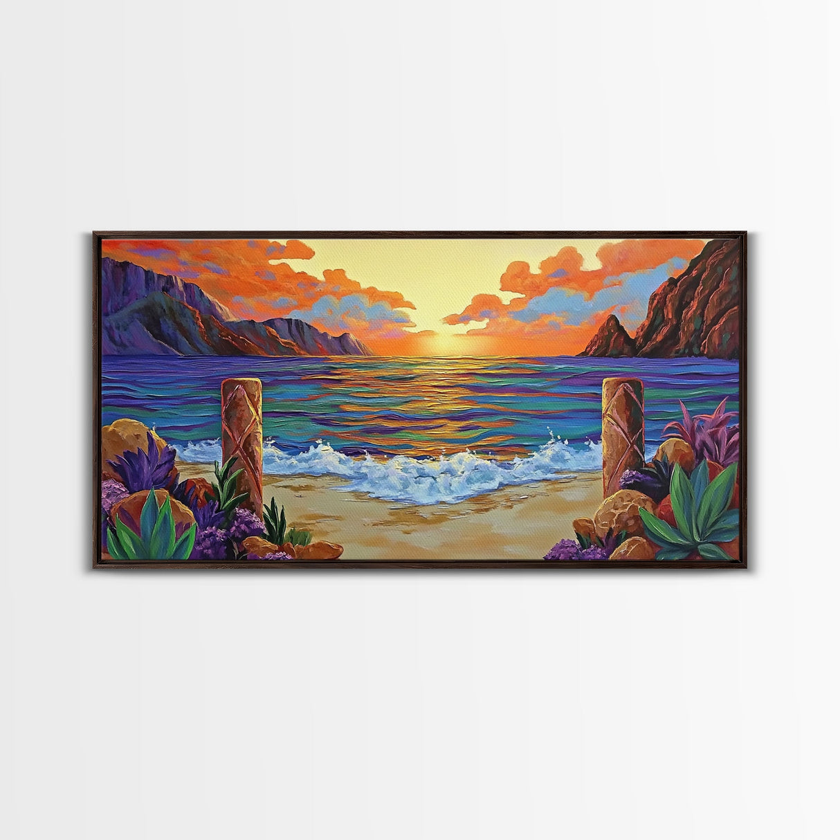 Sunset Beach, Waves, Colorful sunset beach seascape with waves and mountain view, Canvas Print, tropical coastal wall decor