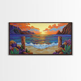Sunset Beach, Waves, Colorful sunset beach seascape with waves and mountain view, Canvas Print, tropical coastal wall decor
