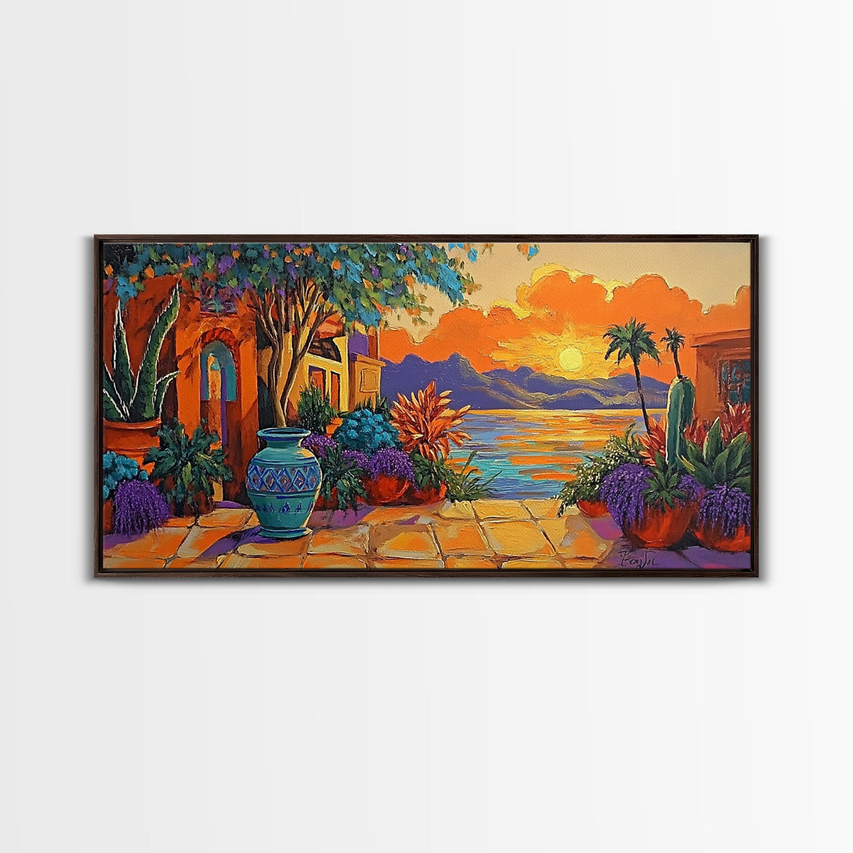 Sunset Courtyard, View, Vibrant sunset courtyard scene with ocean and mountain backdrop, Framed Canvas Print, kitchen wall art