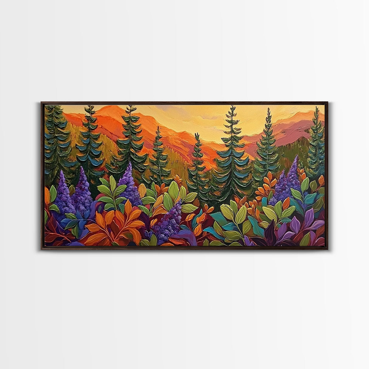Fall Forest, Pines, Vibrant autumn forest painting with pine trees and colorful foliage, Canvas Print, Fall living room wall art