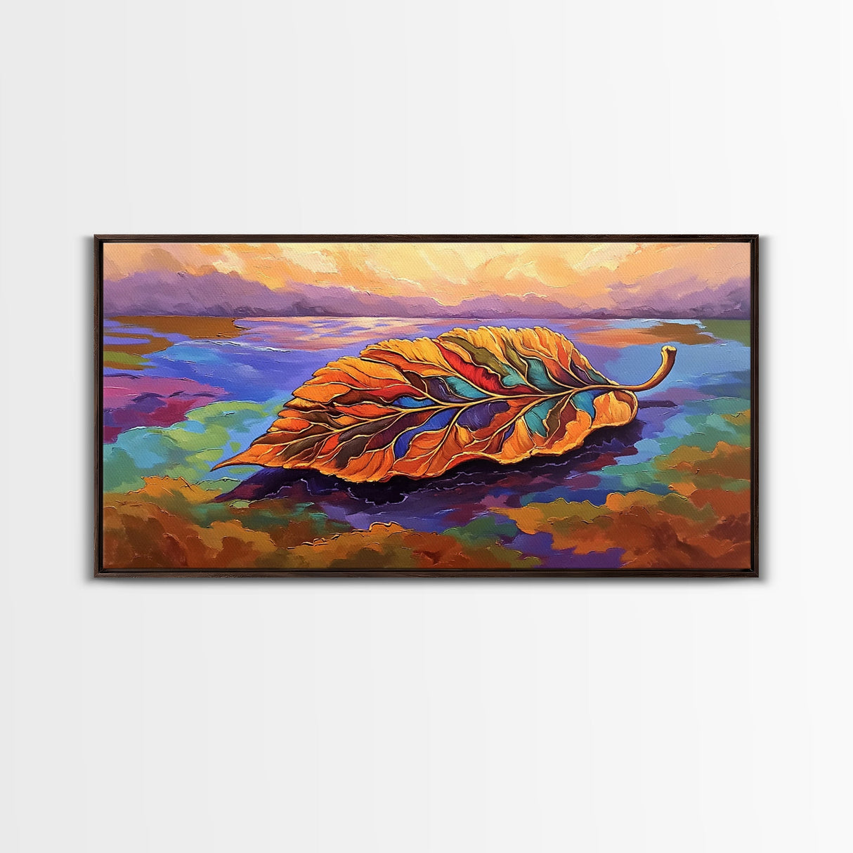 Leaf Autumn, Abstract, Abstract multicolor leaf on vibrant landscape background, Framed Canvas Print, Fall seasonal art, leaf print