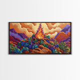 Campfire, Mountains, Glow, Vibrant campfire scene with colorful mountains and plants, Framed Canvas Print, rustic cabin wall art