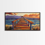 Pier Ocean, Sunset, Vibrant sunset over colorful pier walkway into the sea, Framed Canvas Print, coastal living decor