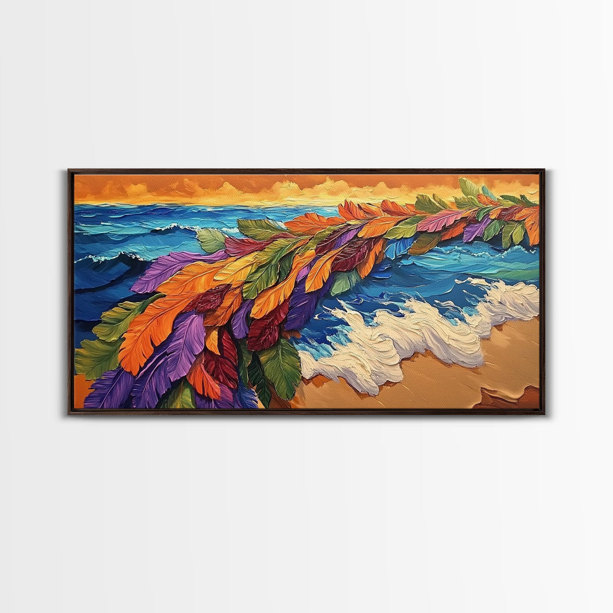 Feathers, Ocean, Sunset, Vibes, Framed Canvas Print, Bold beach decor, coastal boho wall art, tropical living room statement piece