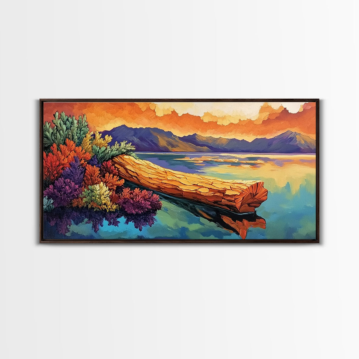Driftwood, Water, Mountains, Nature, Framed Canvas Print, Scenic log lake art, cabin lodge vibes, peaceful living room wall decor