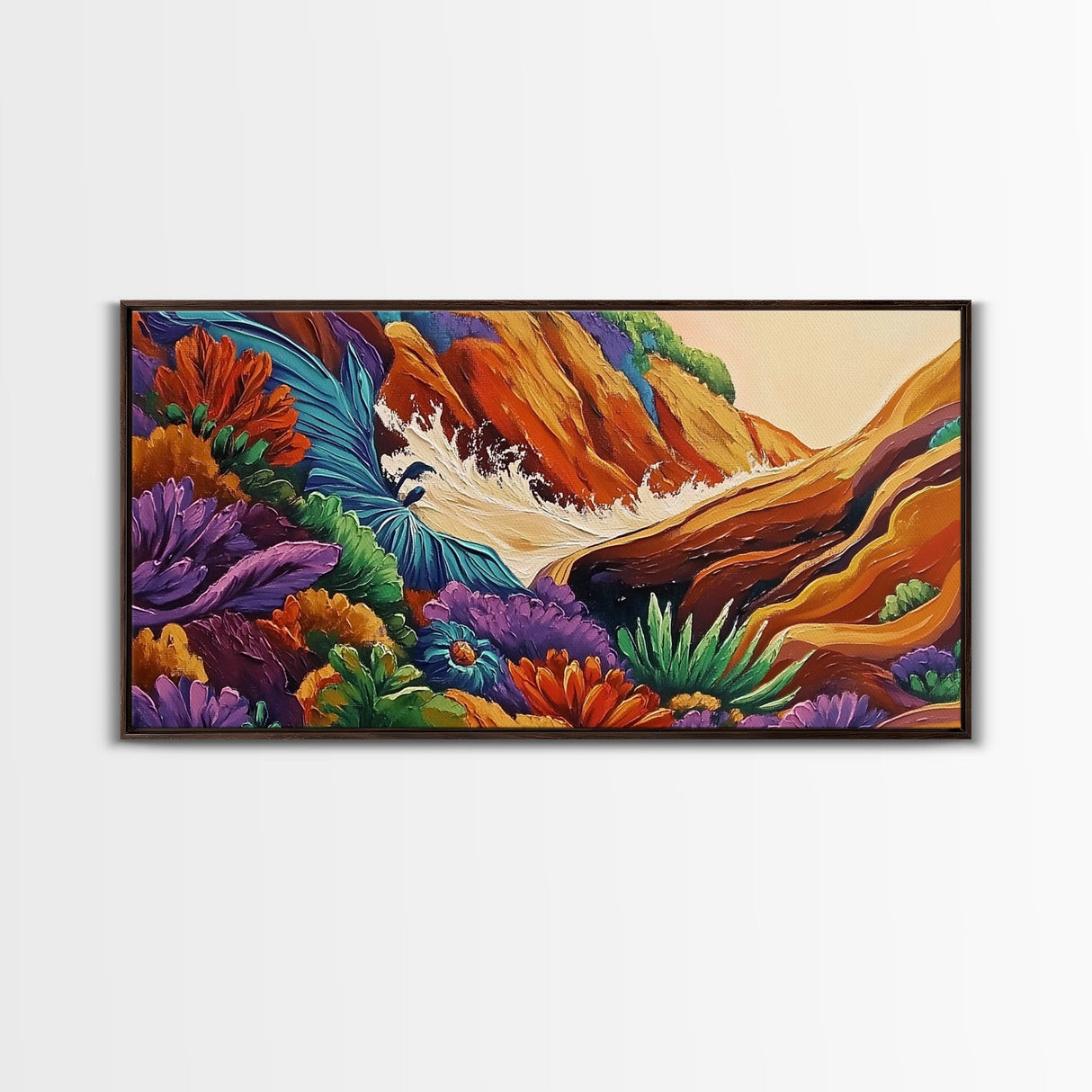 Rocky Wave Crash, Bold Ocean Splash, Coastal Nature Art, Framed Canvas Print, Vibrant Bathroom Decor, Colorful Beach Scene