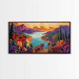 Fantasy Canyon View, Vibrant Mountain Art, Lakeside Sunset, Canvas Print, Mediterranean Decor, Dreamscape Wall Art, Nature Painting