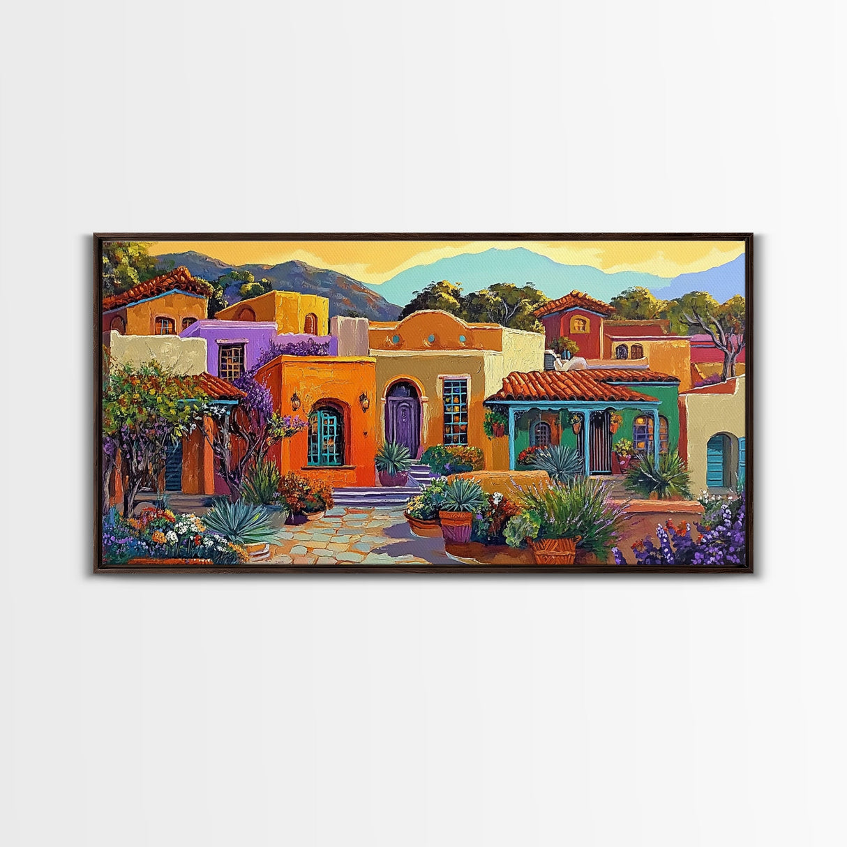 Colorful Adobe Homes, Desert Village Scene, Southwest Art Style, Canvas Print, Boho Wall Decor, Vibrant Courtyard Painting