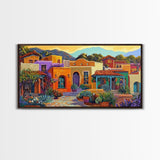 Colorful Adobe Homes, Desert Village Scene, Southwest Art Style, Canvas Print, Boho Wall Decor, Vibrant Courtyard Painting
