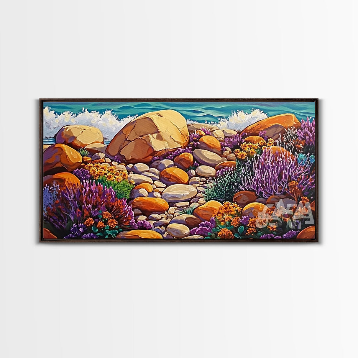 Coastal Garden, Rocks, Framed Canvas Print, Seaside nature landscape wall decor, Kitchen Wall Art, coastal art, vibrant summer vibe
