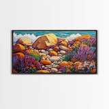 Coastal Garden, Rocks, Framed Canvas Print, Seaside nature landscape wall decor, Kitchen Wall Art, coastal art, vibrant summer vibe
