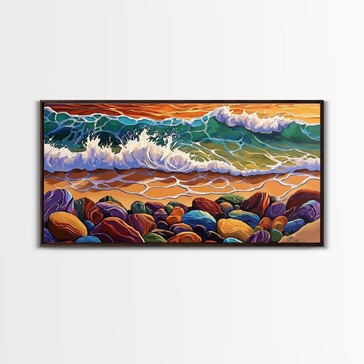 Colorful Ocean, Stones, Framed Canvas Print, Sunset wave beach scene, Living Room Wall Art, coastal decor, boho landscape painting