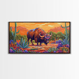 Buffalo Desert, Flowers, Canvas Print, Western buffalo art, colorful desert scene, ranch decor, Office Wall Art, Autumn Wall Art