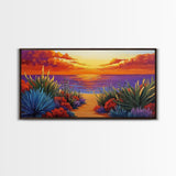 Sunset Ocean, Path, Canvas Print, Coastal sunset landscape, hallway tropical art, bright colorful decor, Beach House Wall Art