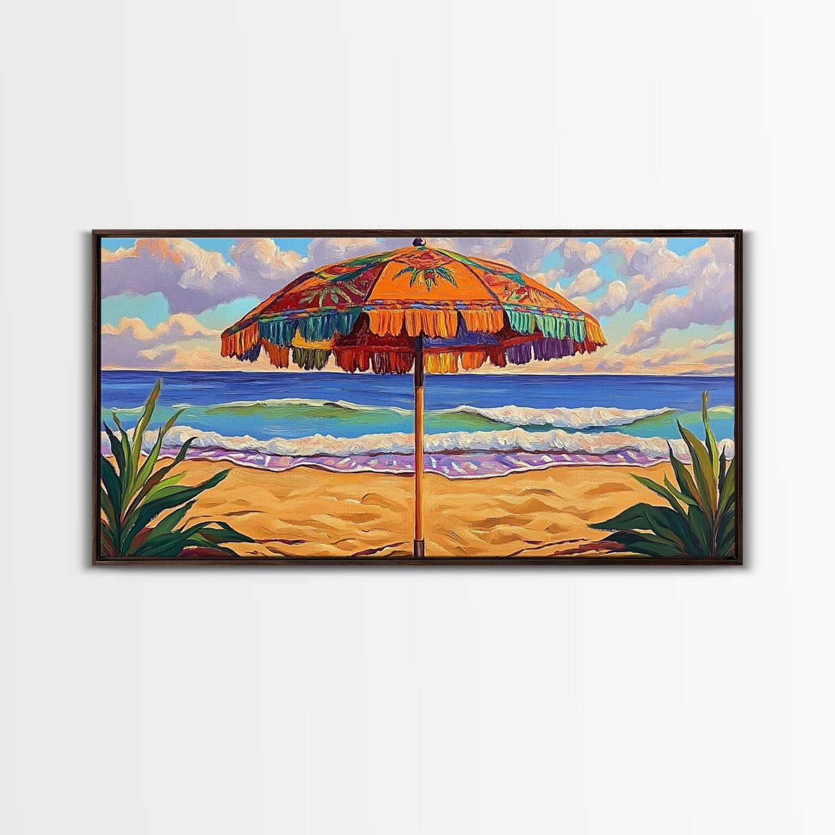 Umbrella Beach, Ocean, Framed Canvas Print, Colorful Beach Umbrella Painting, Retro Coastal Wall Decor, Summer Kitchen Art