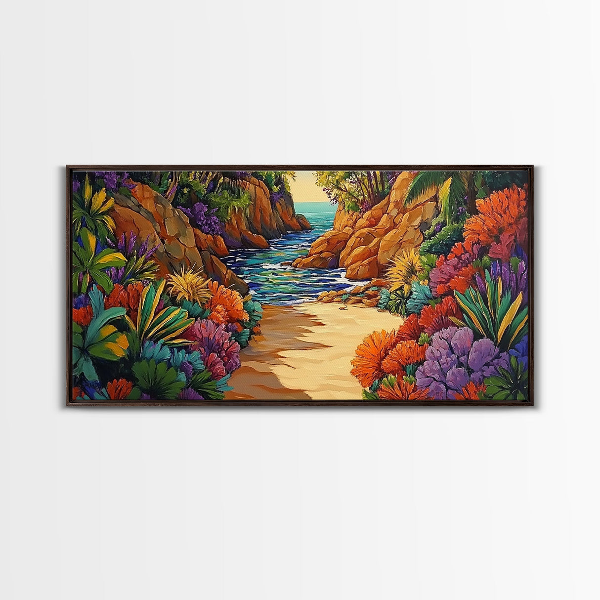 Jungle Cove, Bright, Canvas Print, Lush tropical jungle path to sea, Dining Room Wall Art, nature artwork, bohemian coastal print