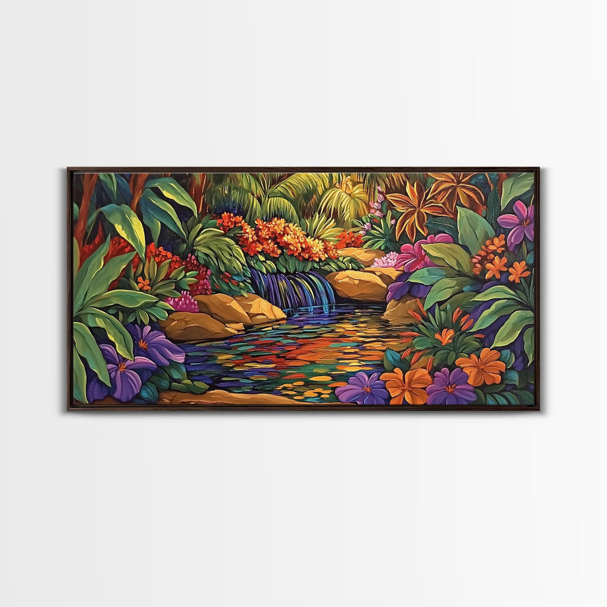 Jungle Waterfall, Floral, Vivid, Canvas Print, Botanical Wall Art, Tropical Home Decor, Boho Jungle Artwork, Bathroom Accent Piece