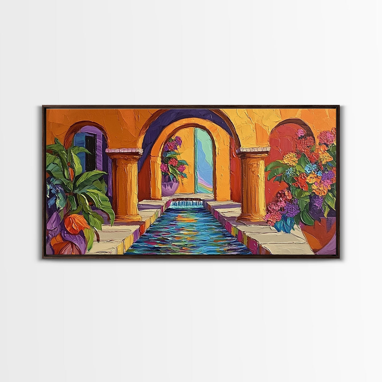 Courtyard Fountain, Colorful, Mediterranean, Framed Canvas Print, Spanish Style Art, Hallway Wall Decor, Bold Architecture Painting