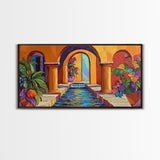 Courtyard Fountain, Colorful, Mediterranean, Framed Canvas Print, Spanish Style Art, Hallway Wall Decor, Bold Architecture Painting