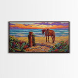 Horse Beach, Sunset, Western, Framed Canvas Print, Cowboy Art, Coastal Wall Decor, Rustic Boho Style, Entryway Statement Piece