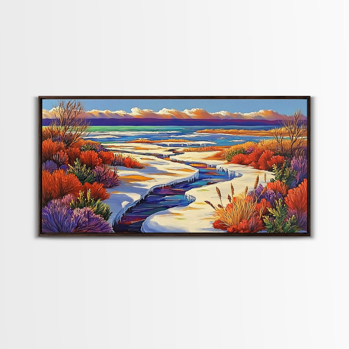 Winter River, Snow, Colorful, Framed Canvas Print, Winter Wonderland Art, Vibrant Seasonal Landscape, Cozy Cabin Wall Decor
