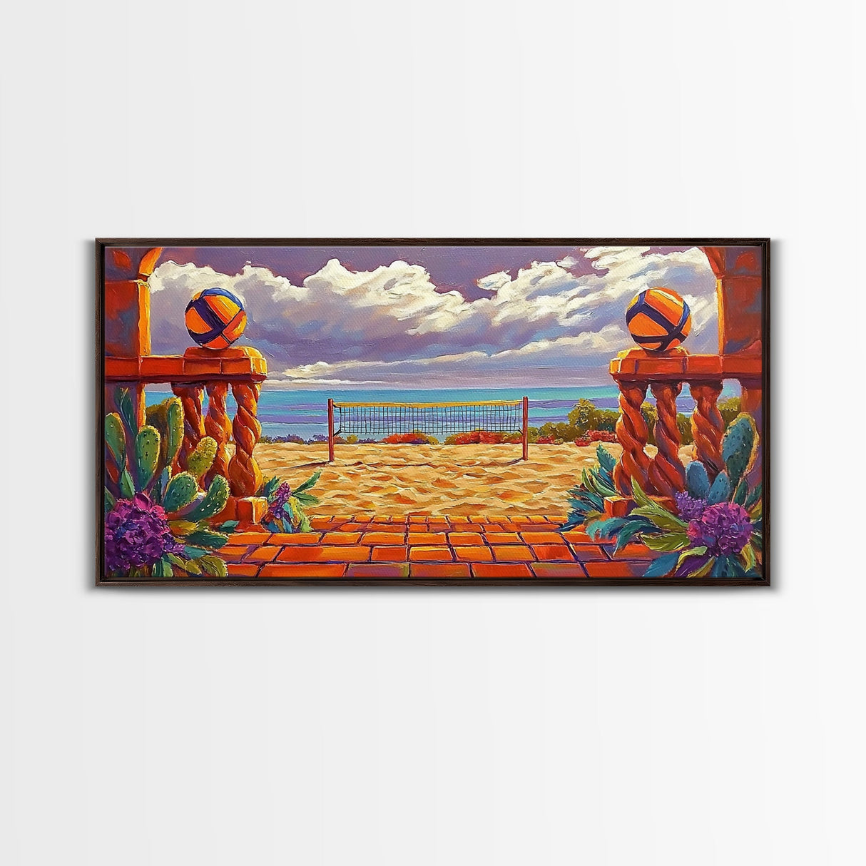 Volleyball Ocean, Sunset, Framed Canvas Print, Vibrant Beach Volleyball Scene, Sporty Coastal Wall Art, Game Room Decor