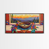 Fountain Sunset Flowers, Serenity, Framed Canvas Print, Southwestern Wall Art, Boho Vibe, Tranquil Home Decor, Kitchen or Entryway Art
