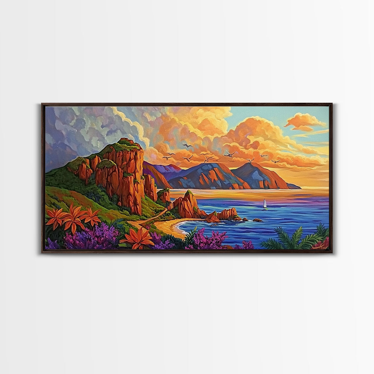 Coastline Mountains, Sunset, Landscape, Framed Canvas Print, Seascape Wall Art, Coastal Decor, Colorful Landscape, Living Room Beach Art
