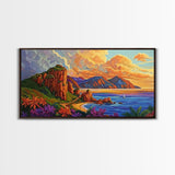 Coastline Mountains, Sunset, Landscape, Framed Canvas Print, Seascape Wall Art, Coastal Decor, Colorful Landscape, Living Room Beach Art