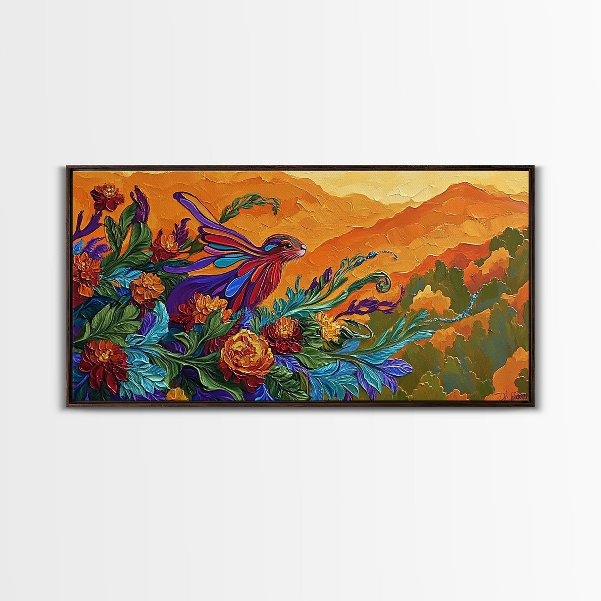 Rabbit Flowers, Fantasy, Autumn, Framed Canvas Print, Whimsical Fall Wall Art, Nursery Decor, Woodland Animal Art, Boho Autumn Style