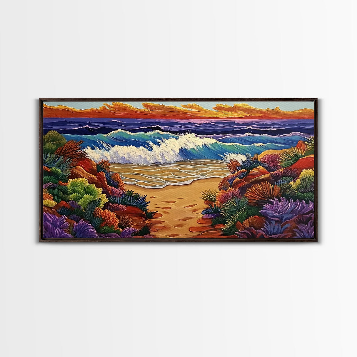 Waves Beach, Sunset, Coastal, Framed Canvas Print, Ocean Wall Art, Colorful Seascape Decor, Nautical Living Room Accent, Coastal Vibes
