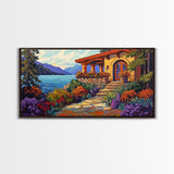 Lake Cabin, Garden, Pathway, Framed Canvas Print lakeside retreat artwork, rustic home wall art, cozy landscape scene, autumn print