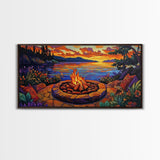 Firepit Sunset, Cozy, Night, Canvas Print warm evening campfire artwork, fall wall decor, lakeside cabin print, romantic outdoor setting