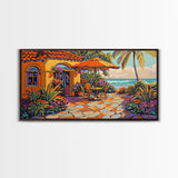 Patio Palm, Ocean, Framed Canvas Print, Tropical Patio Garden Scene, Warm Mediterranean Style Wall Decor,  Dining Room Art