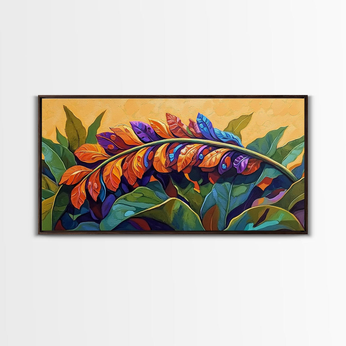 Tropical Leaves, Bright, Fall, Framed Canvas Print, botanical fall wall art, colorful boho tropical leaves painting, kitchen home decor