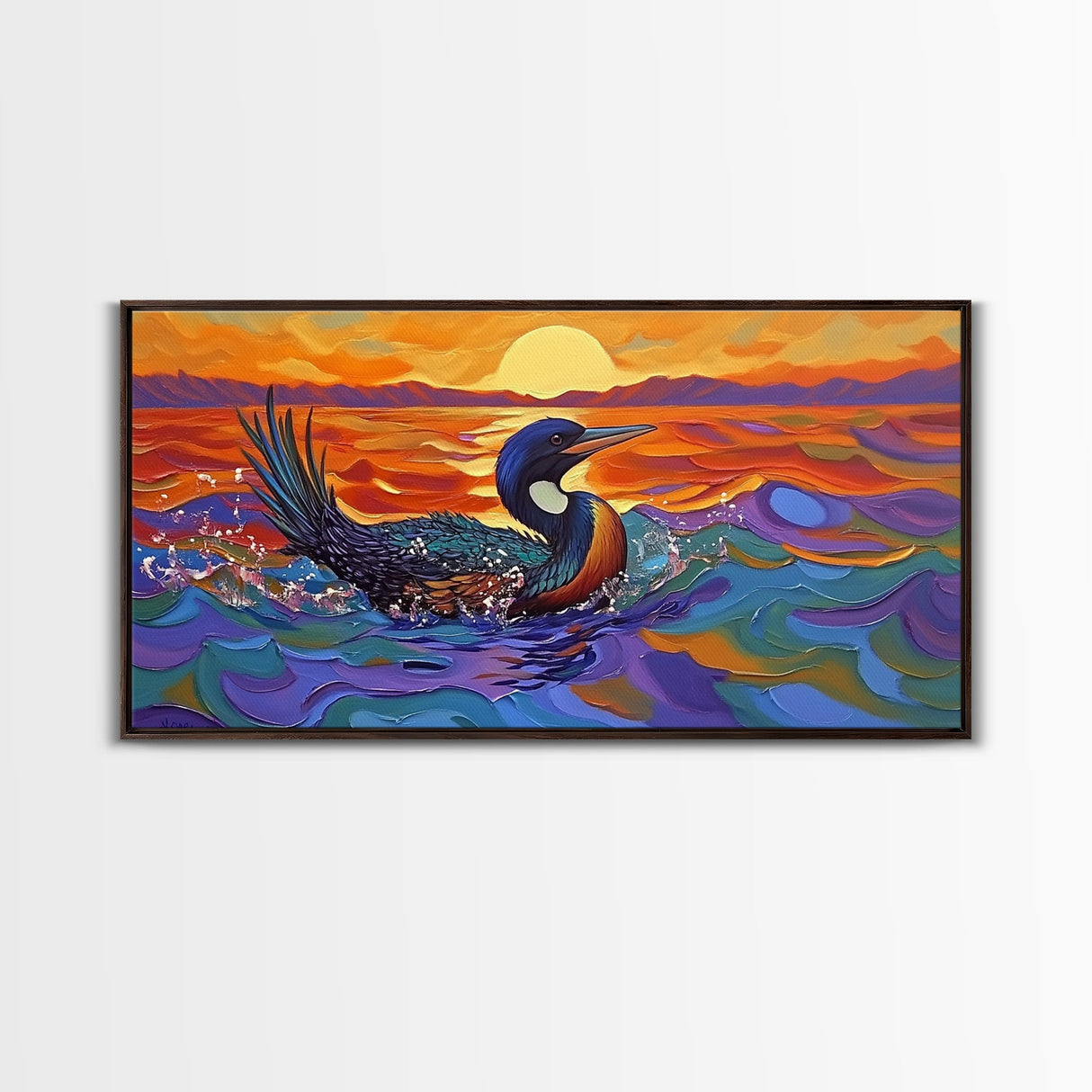 Sunset Loon, Splash, Painting, Framed Canvas Print lakehouse wall art, coastal bathroom decor, vibrant nature print, ocean artwork