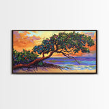Tropical Tree, Beach, Sunset, Framed Canvas Print nature lover wall decor, boho coastal print, vibrant living room art, island art