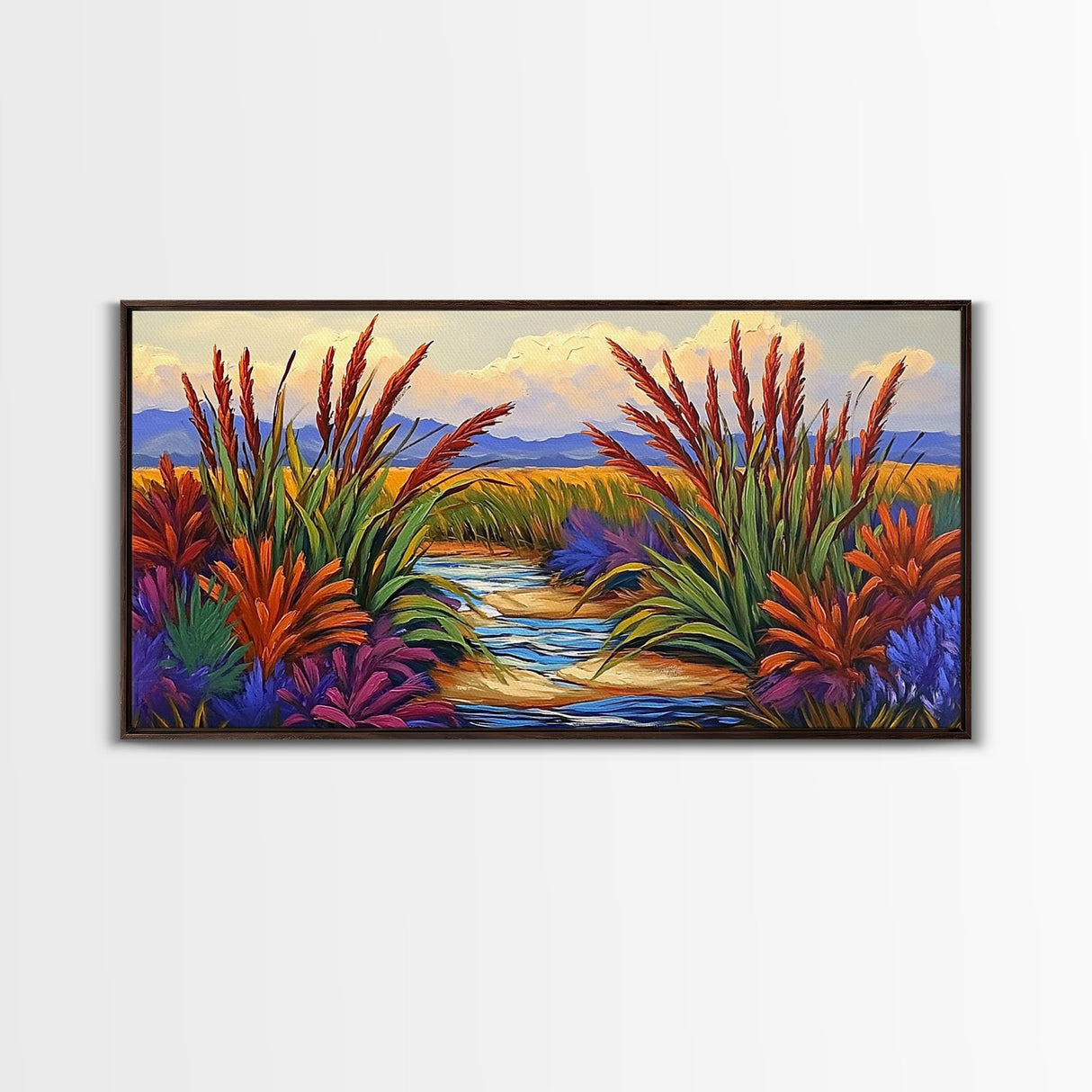 Marsh Grassland, Sunset, Scene, Framed Canvas Print rustic farmhouse art, colorful Fall wall decor, bedroom landscape canvas