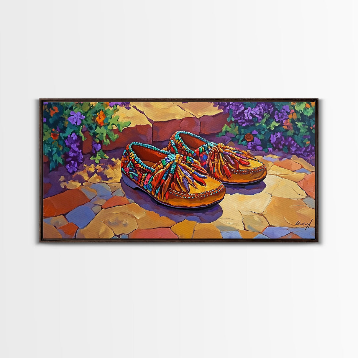 Colorful Moccasins, Boho, Style, Framed Canvas Print, vibrant moccasin shoes, Boho Decor, Bedroom Wall Art, Southwestern art