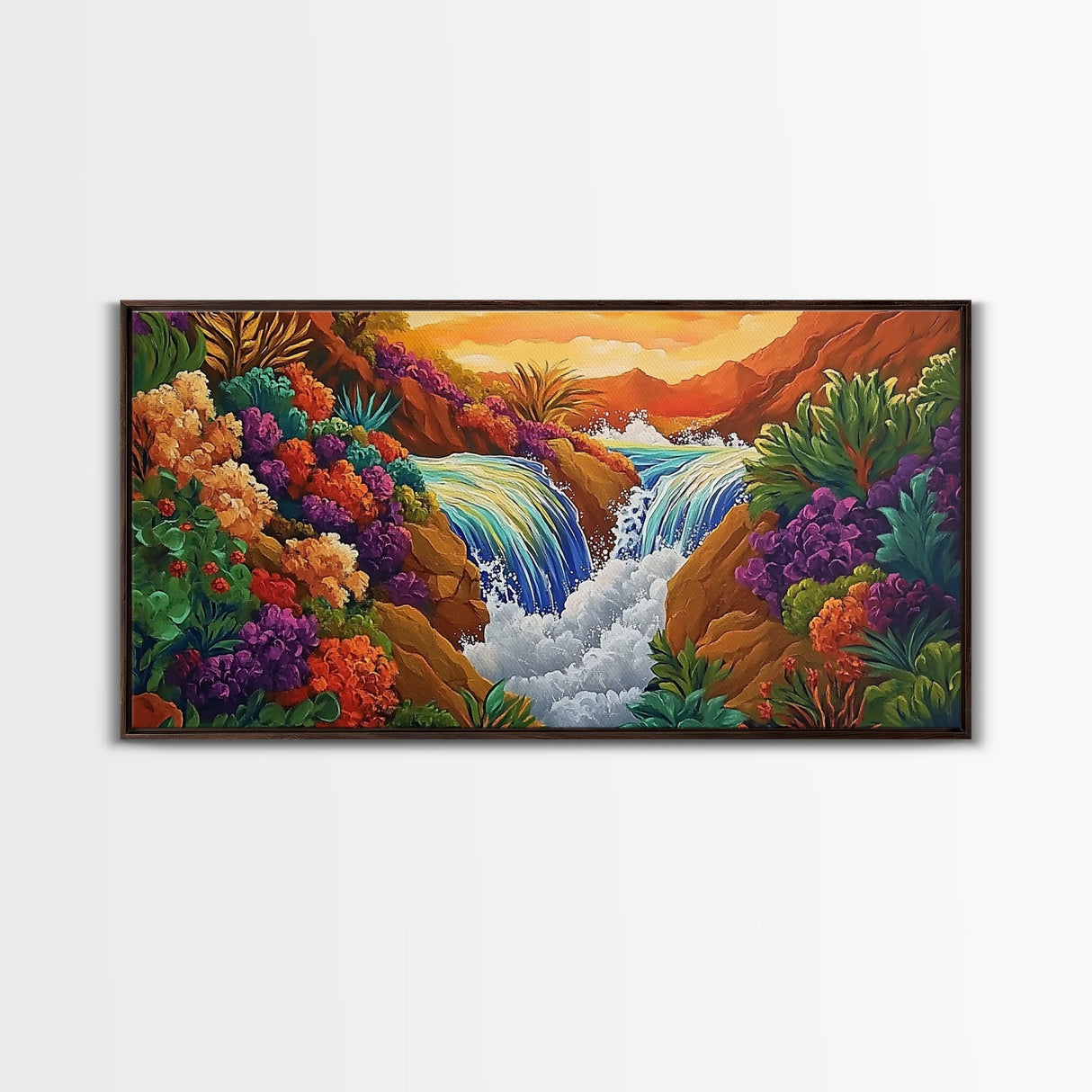 Sunset Waterfall, Vibrant Jungle, Tropical Landscape, Framed Canvas Print, Boho Wall Art, Bathroom or Bedroom Decor, Nature Painting